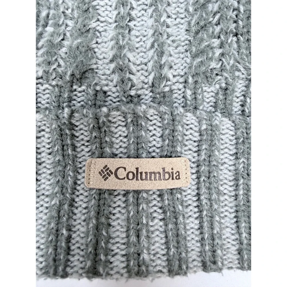 Columbia Grey Cable Knit Beanie Pom Pom Fleece Lined Winter Hat Mens Womens